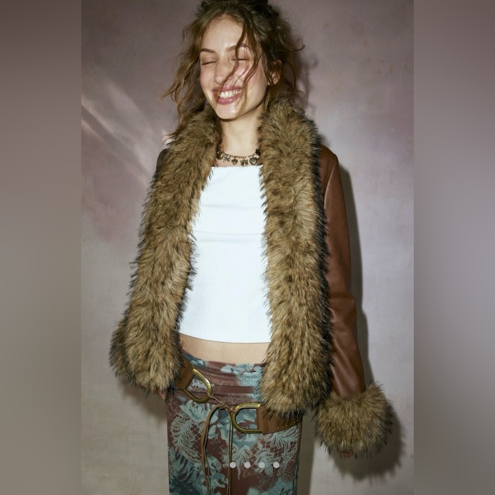 🔥NWT🔥 Silence + Noise Faux Fur Trim Jacket, Size L, Brown - Picture 5 of 9